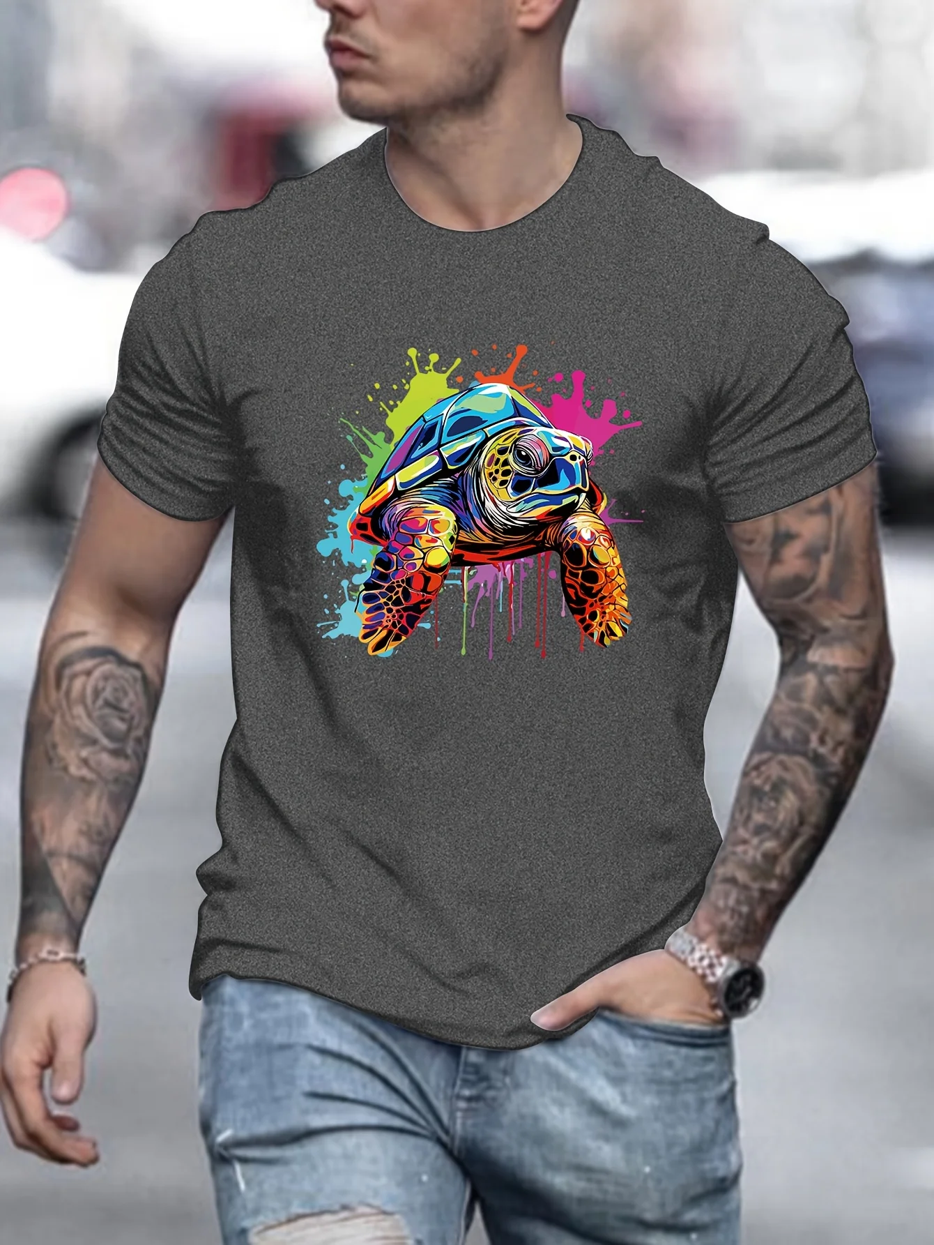 

Men'S Summer T-Shirt with Colorful Turtle Applique, Casual Crew Neck,