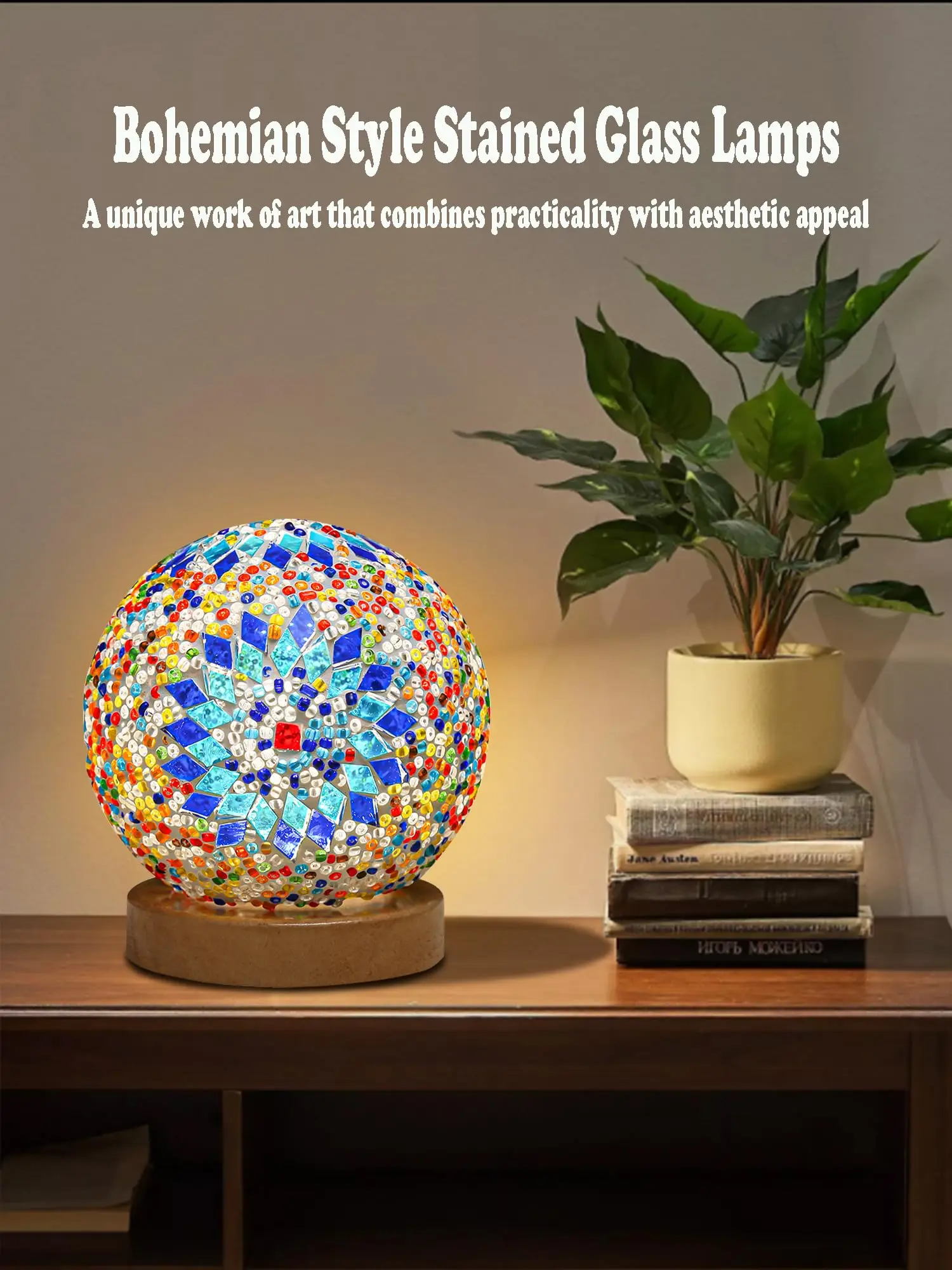 Turkish Table lamp,Bedside Lamps with Wooden Base,Bohemian Tiffany Style Bedroom Lamps,Moroccan Lantern for Office Decorations