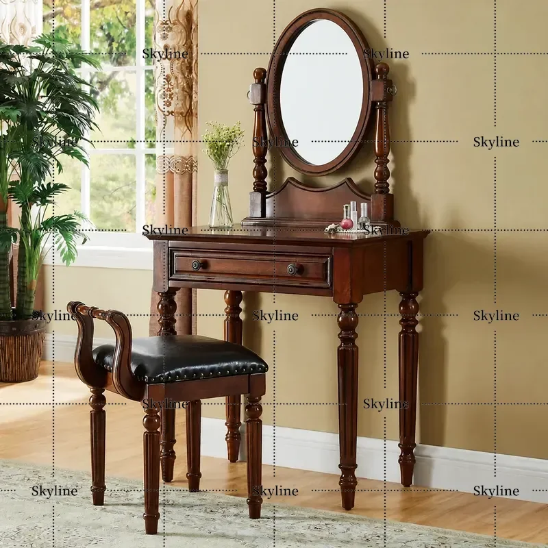 Small Solid Wood Vanity Table with Mirror, American Retro Dresser & Stool Set for Compact Bedroom
