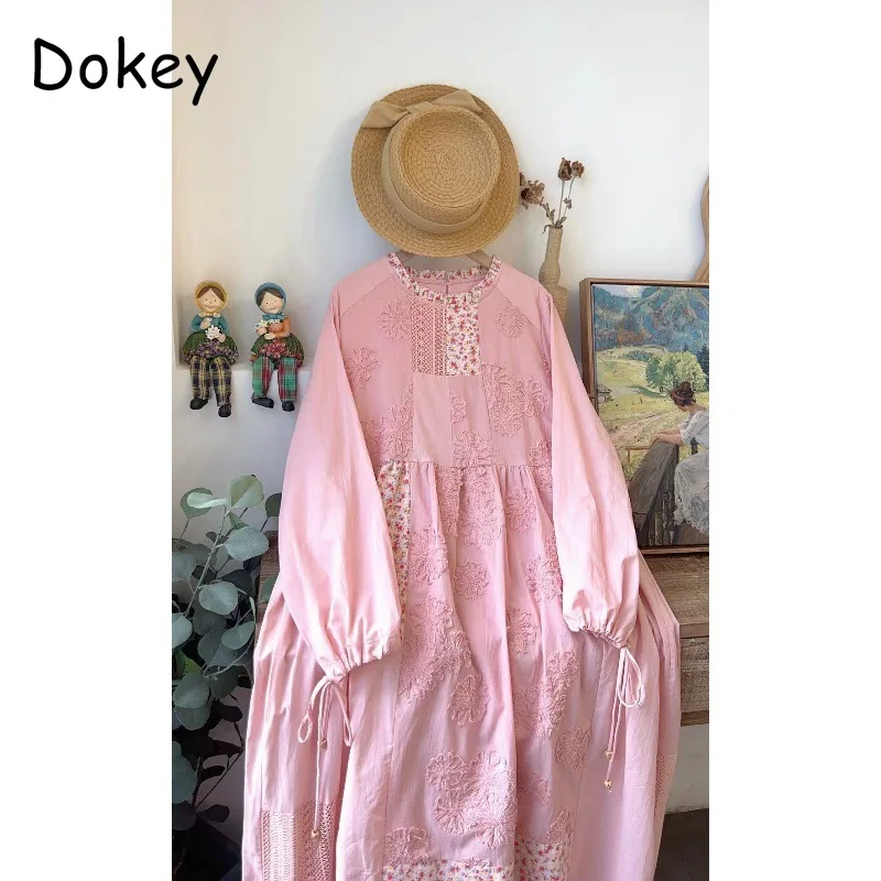 Vintage kwiatowy haft patchworkowa sukienka kobiety jesień Mori Girl O-neck sznurowane bufiaste rękawy bawełniane lniane sukienki słodkie Vestidos