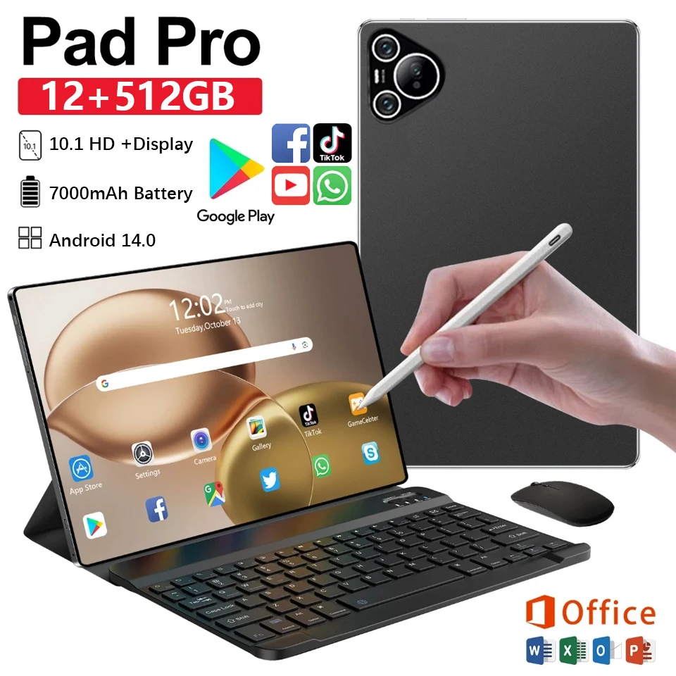 

10-inch Android 14 Tablet, Quad-core Processor, 12GB (4+8) RAM + 512GB Storage 5G WiFi 1280*800 dual Cameras Support SIM Card