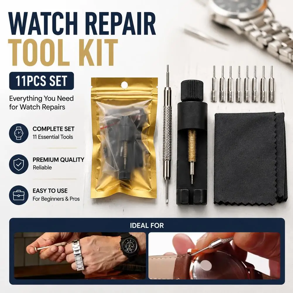 11Pcs Watch Repair Tool Kit Watchband Link Pin Remover Spring Bar Tool Strap Pin Disassembler Watchmaker Adjustment Set