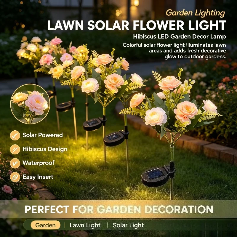 Solar Floral Garden Stake, Layered Hibiscus Blooms and Leafy Stems for Outdoor Party Displays
