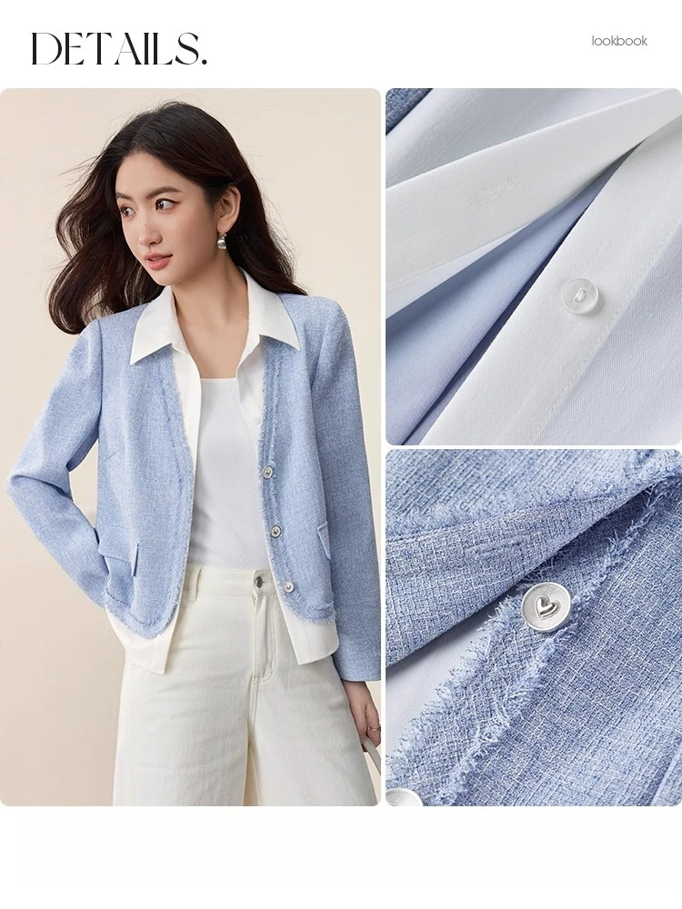 SENTUBILA Women's Short Coat Color-Block Paneled Mock-Two-Piece Coat 2025 Autumn Elegant Long-sleeve Fringed Jackets 153WA2087