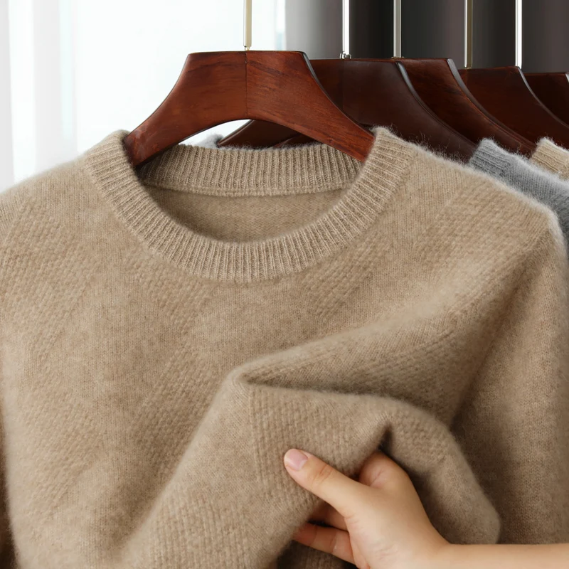 Autumn and winter thick 100% wool men's round neck jacquard sweater with loose casual knit and warm cashmere sweater cover