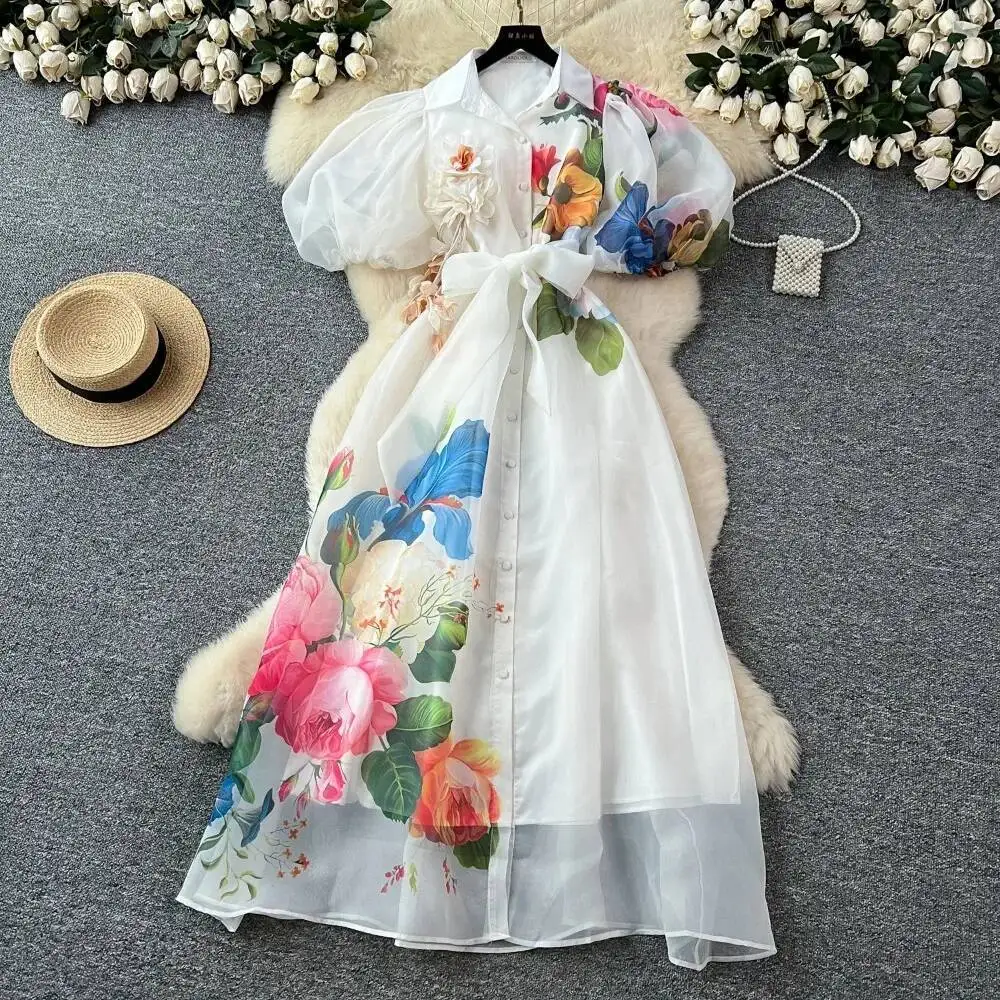 Chic vintage Sexy print mesh lace-up button Fairy Summer Women Boho Sundress women clothing Long dress