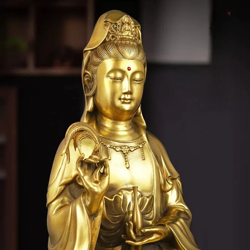 Brass Guanyin Statue Goddess of Mercy Kwan-yin Figure Solid Brass Buddhist Home Altar Temple Decoration Spiritual Feng Shui Art