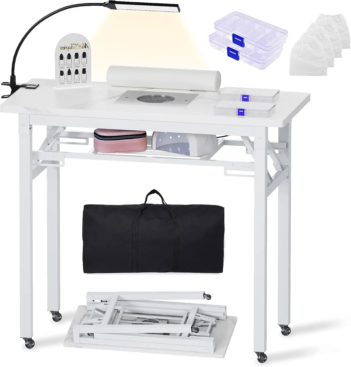 Portable Foldable Manicure Table Dust Collector Rolling Nail Tech Desk LED Light Lamp Wrist Cushion Lockable Wheels Carrying Cas