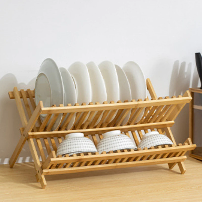 Folding Bamboo Dish Drainer Utensil Drying Rack Holder Wooden Plate Storage Rack Kitchen  Space-Saving Dish Organizer