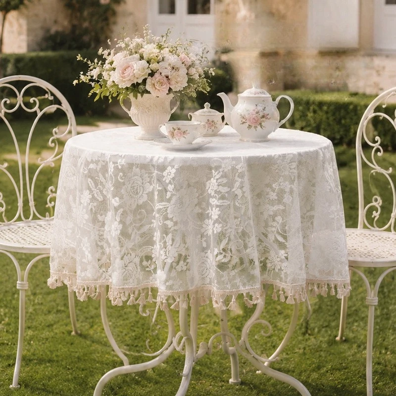 Rose flower tablecloth round cream wind light luxury dining table cloth household decoration wedding cover cloth, Table Cover