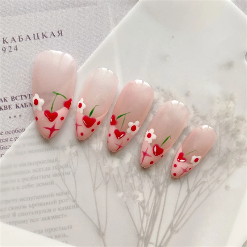 10PC Handmade Press On Nails Pink 3D Heart & Floral Lasting Reusable False Nails Supplies Tips Luxury Cute Elegant Almond Design