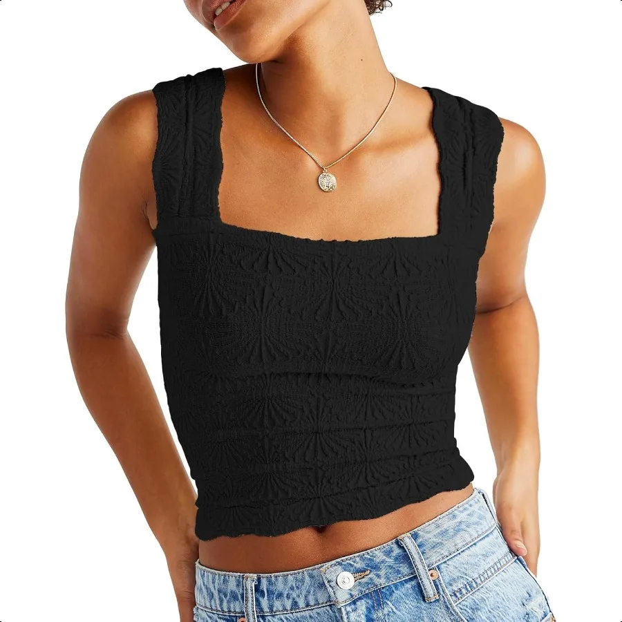 

DouBCQ Women Cute Crop Tank Top Square Neck Wide Strap Vest Slim Fit Floral Lettuce Trim Cropped Cami Tops