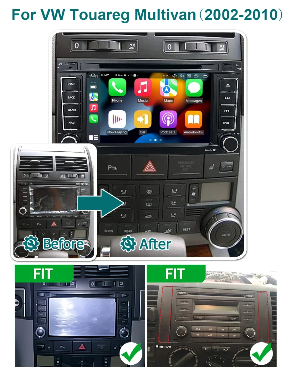 Kabelloses CarPlay, Android 15, Autoradio, 2 DIN, für Volkswagen Touareg, Transporter T5, Multivan, Baujahr 2002–2010, Multimedia-Player, GPS. – Detail 2