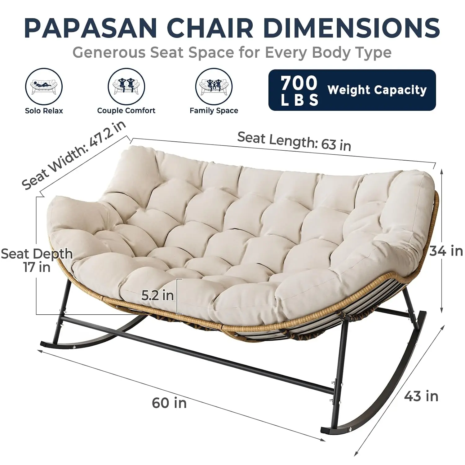 Double Outdoor Papasan Rocking Chair with Thick Cushion, Customized