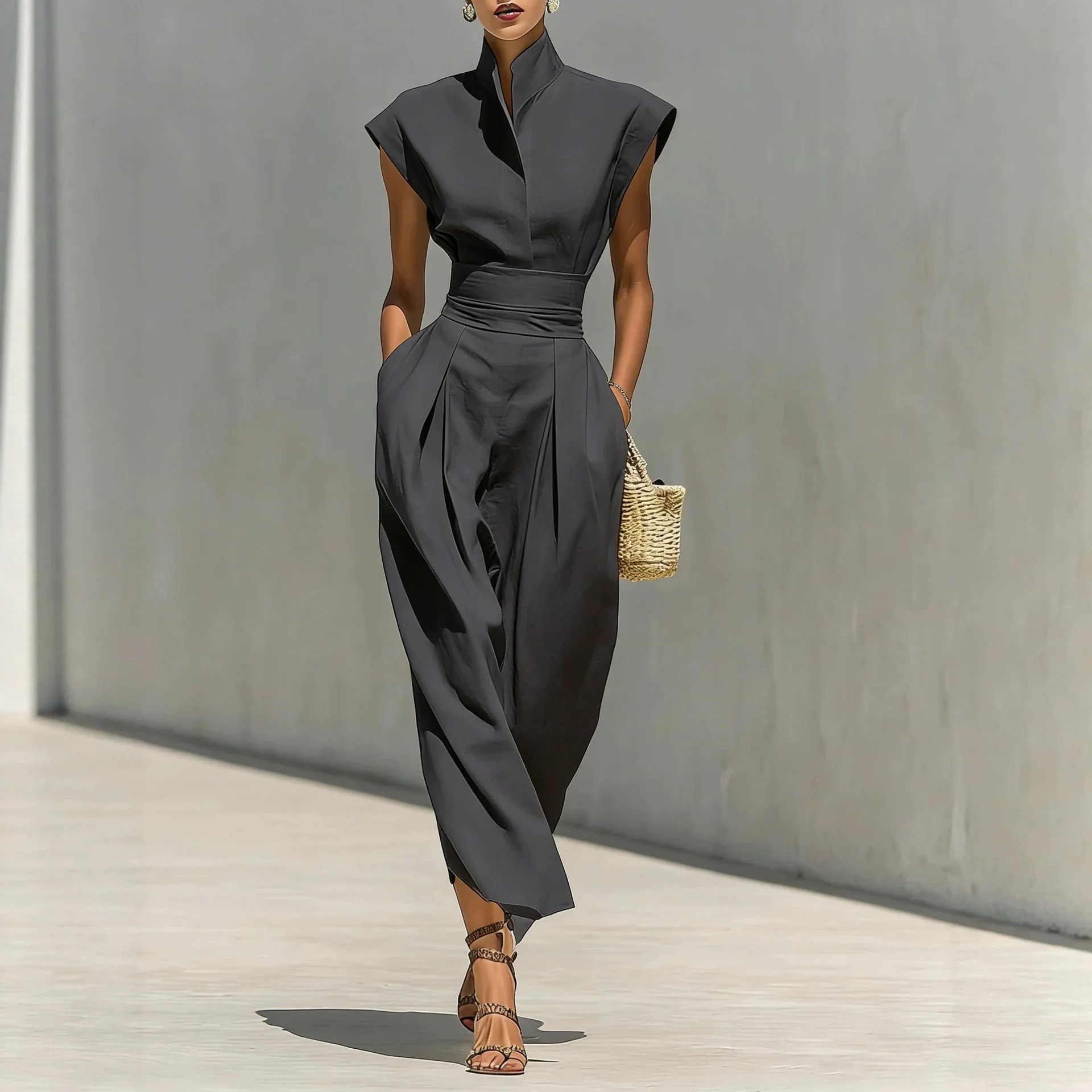 2026 Women's Run! And Summary New High-waisted Midi Clothes With A High-neck Loose Top, Suitable For Work Bandage Prom Party
