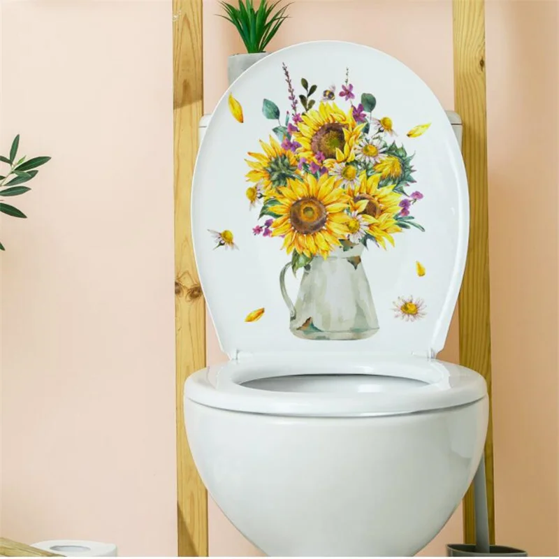 Self-Adhesive Yellow Sunflower Flower Toilet Wall Stickers WC For Bathroom DIY Art Mural Decorative Wallpaper 30*20CM