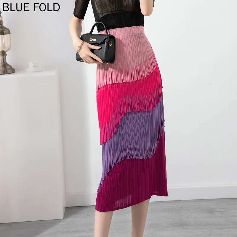 Miyake Pleated Split Skirt, Thin Tassel Stitching, High-waisted, Fashionable Design, A-line, Summer, New