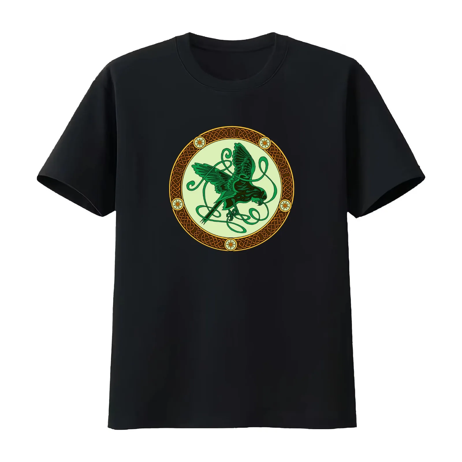 Celtic knotwork hawk - green T-Shirt Summer Casual Cotton Tee Oversized Streetwear Tops Vintage Graphic Print 100% Cotton