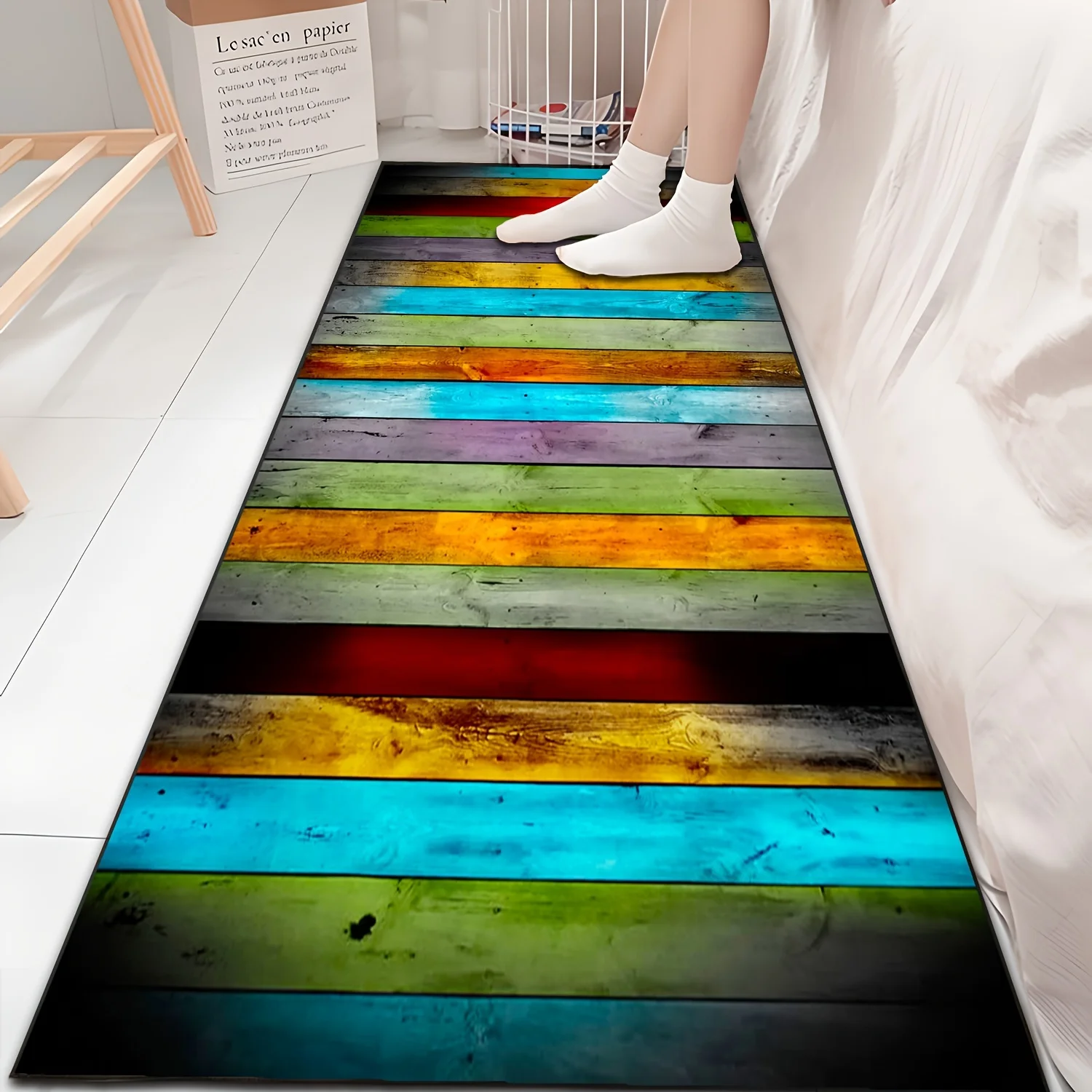 [Retro Wood Mat] 1pc Retro Colorful Wood Grain Imitation Old Long Mat | Washable, Bedroom Bedside Decoration, Kitchen