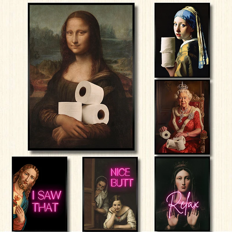 Vintage Funny Toilet Sign Renaissance Artwork Portrait Mona Lisa Poster Wall Art Pictures Canvas Painting Home Bathroom Decor