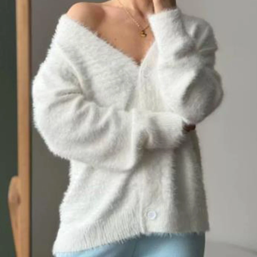 2025 Collection Women's Open Front Cropped Cardigan Long Sleeve Solid Color Comfort Hairy Autumn Cardigan