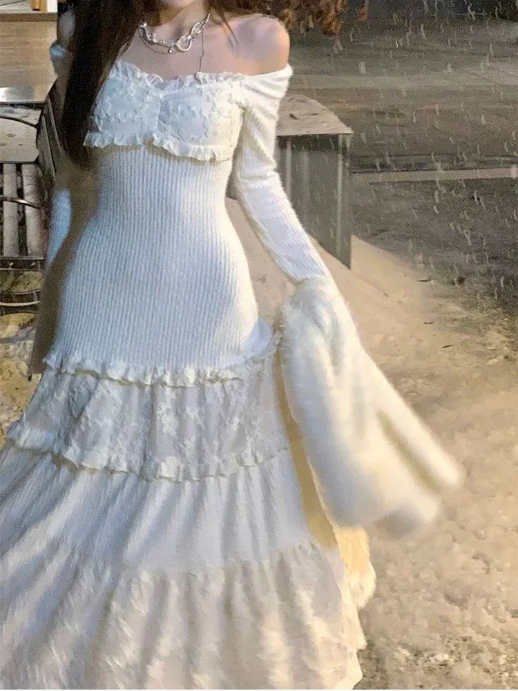 

2024 весеннее элегантное вязаное платье, женское кружевное лоскутное корейское платье принцессы миди, женское повседневное милое вечернее платье феи