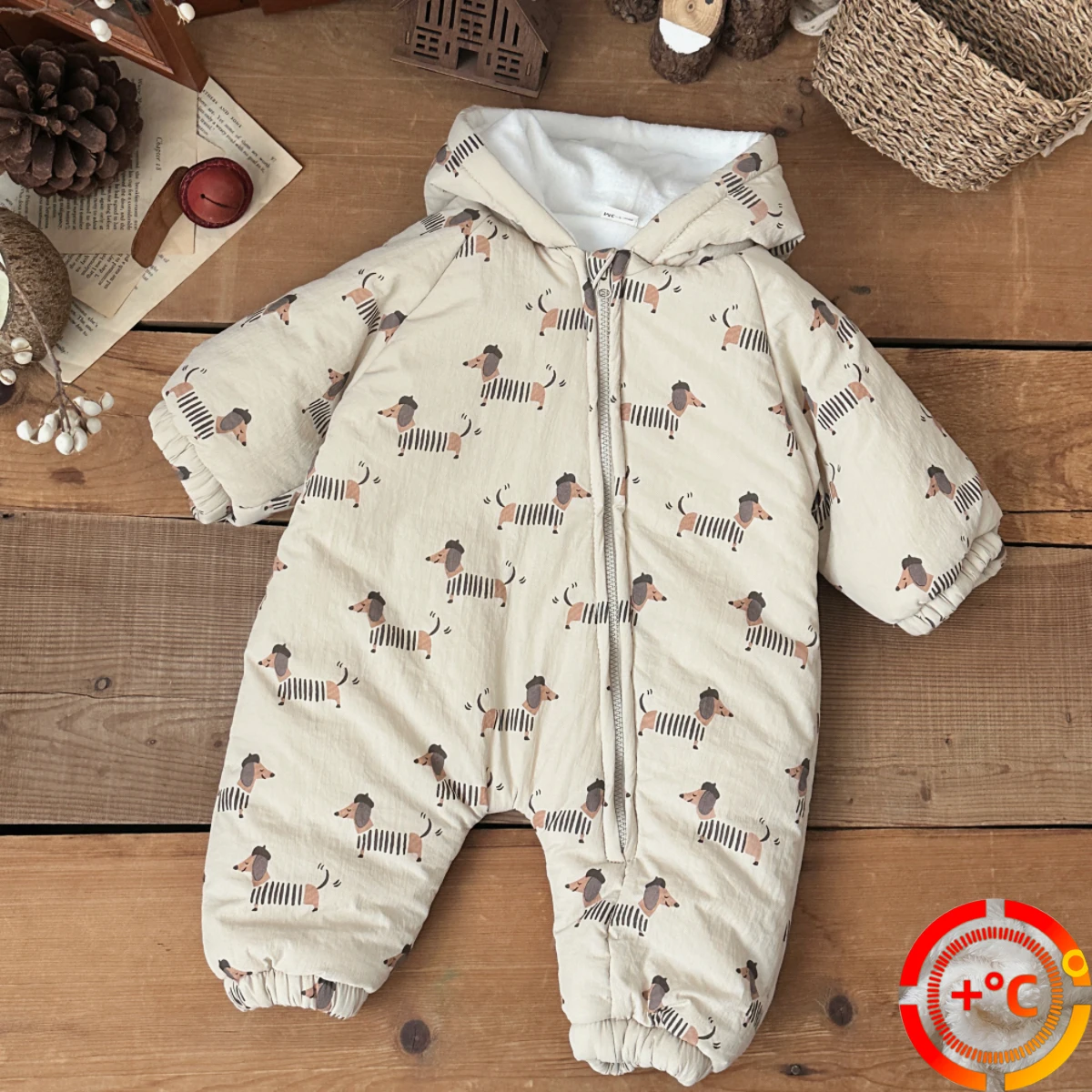 Thickened Warm Baby Hooded Romper Zipper Closure Dachshund Embroidery Newborn Jumpsuit Winter Baby Boy Girl Outerwear