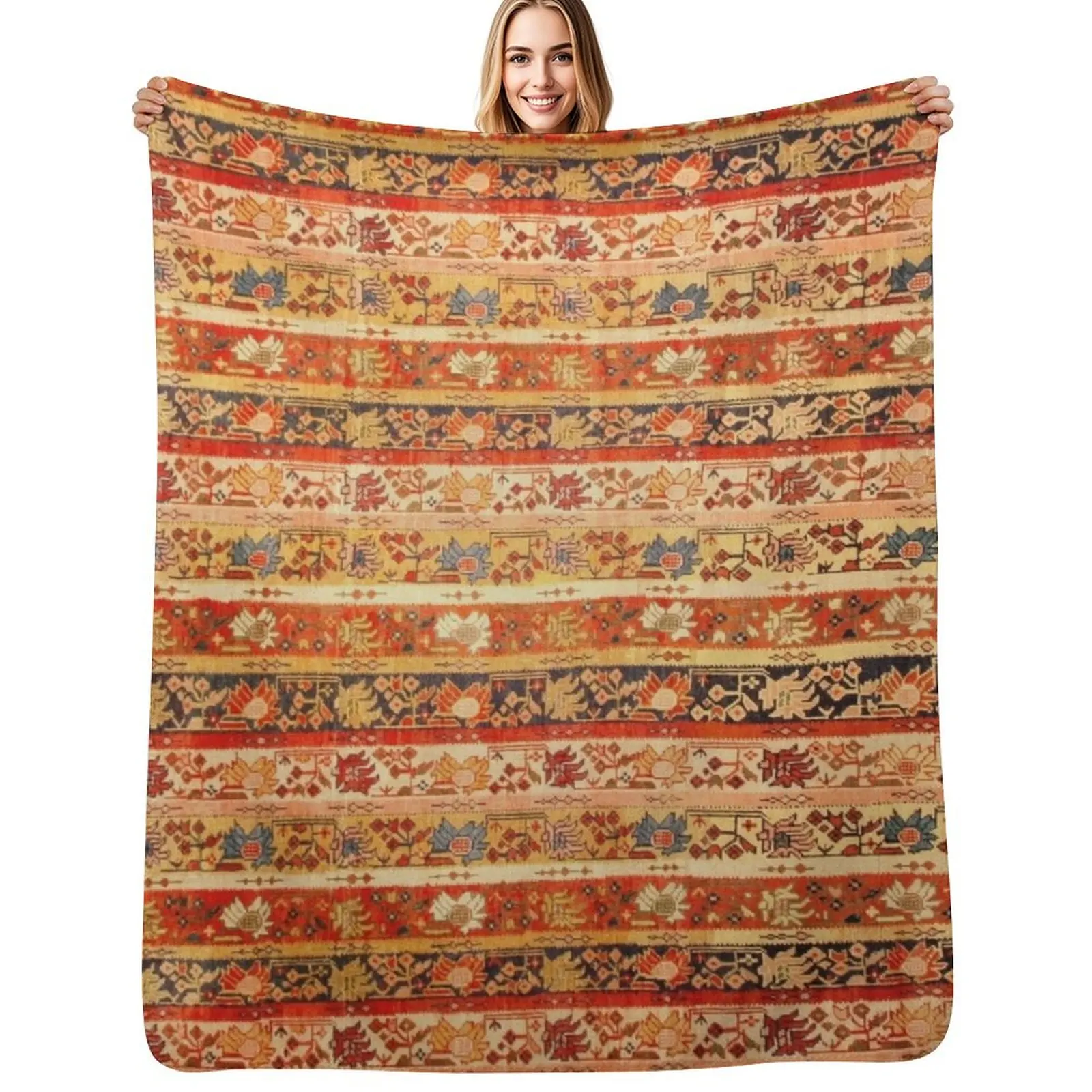 

Antique Turkish Oushak Rug Print Throw Blanket Bed Flannel Cute Furrys Blankets