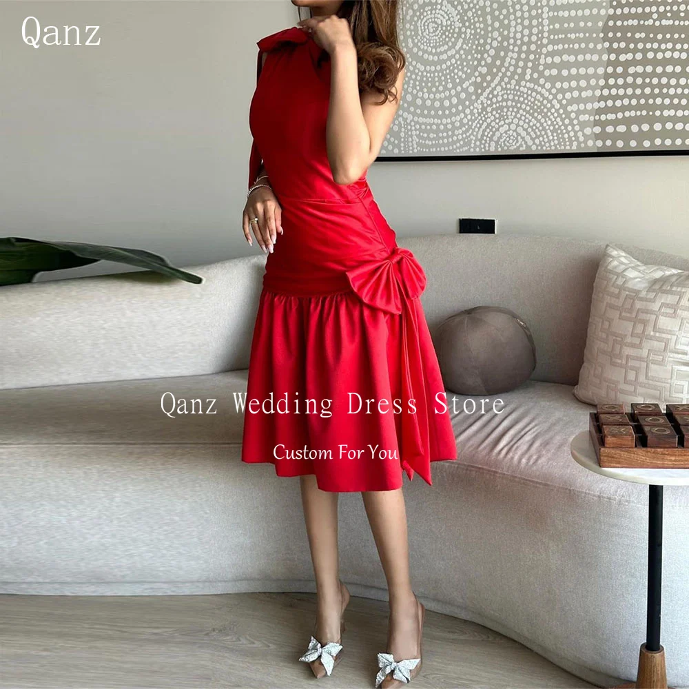 

Qanz Red Arabic Evening Dresses One Shoulder Satin Dubai Evening Dresses Mermaid Knee Length Robes De Cocktail Customized