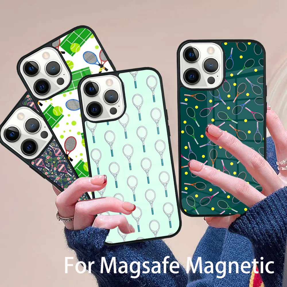 

Tennis Ball Rackets Phone Case Magesafe Magnetic Wireless Charge Cover For IPhone 16 11 12 13 14 15 Pro Max Plus Mini