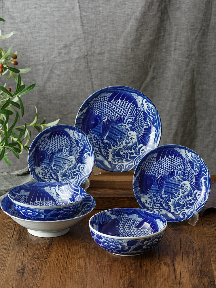 Ceramic 9.8 Inch Bowls 9.8inch Plates Made In Japan Carp Printed Under Glazed Porcelain Round Dish Home Resturant Tableware