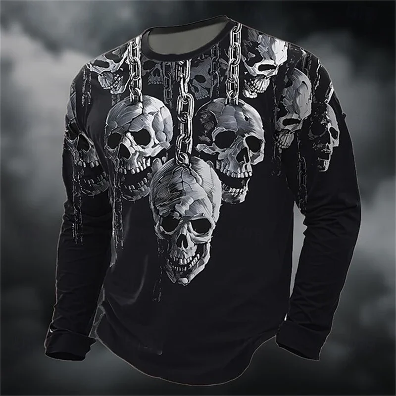 Men's 3D Black Skull Chain Print Long Sleeve T-Shirt Gothic Halloween Streetwear Quick Dry Breathable Casual Fashion Party Tops