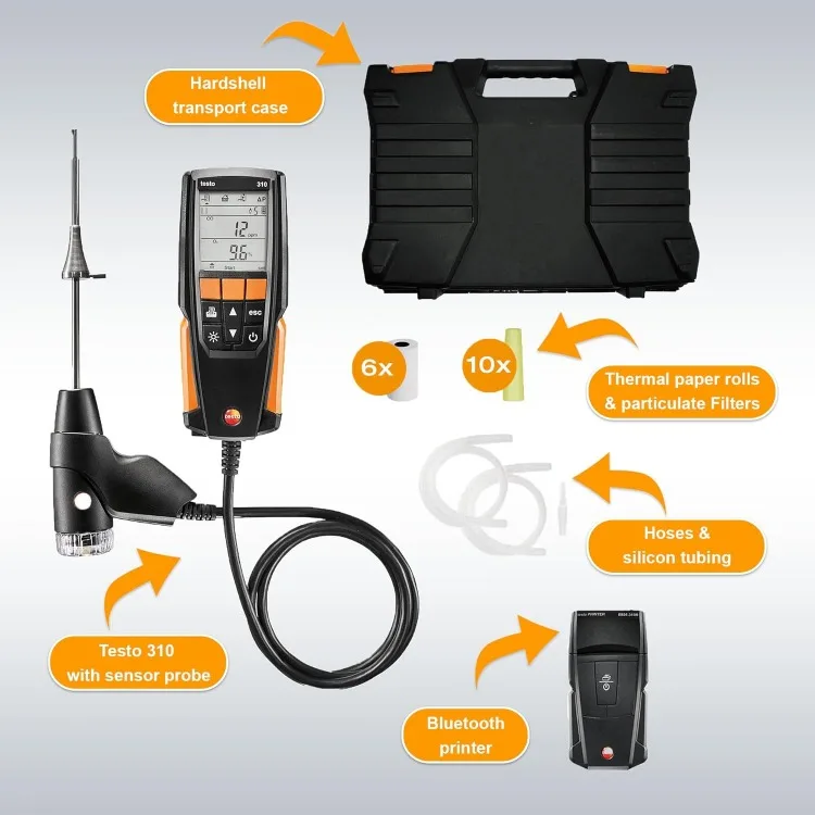 310 Combustion Analyzer Kit with Printer – Combustion analyzer measuring O2, Flue gas, and CO2 – Manometer for Heating Systems