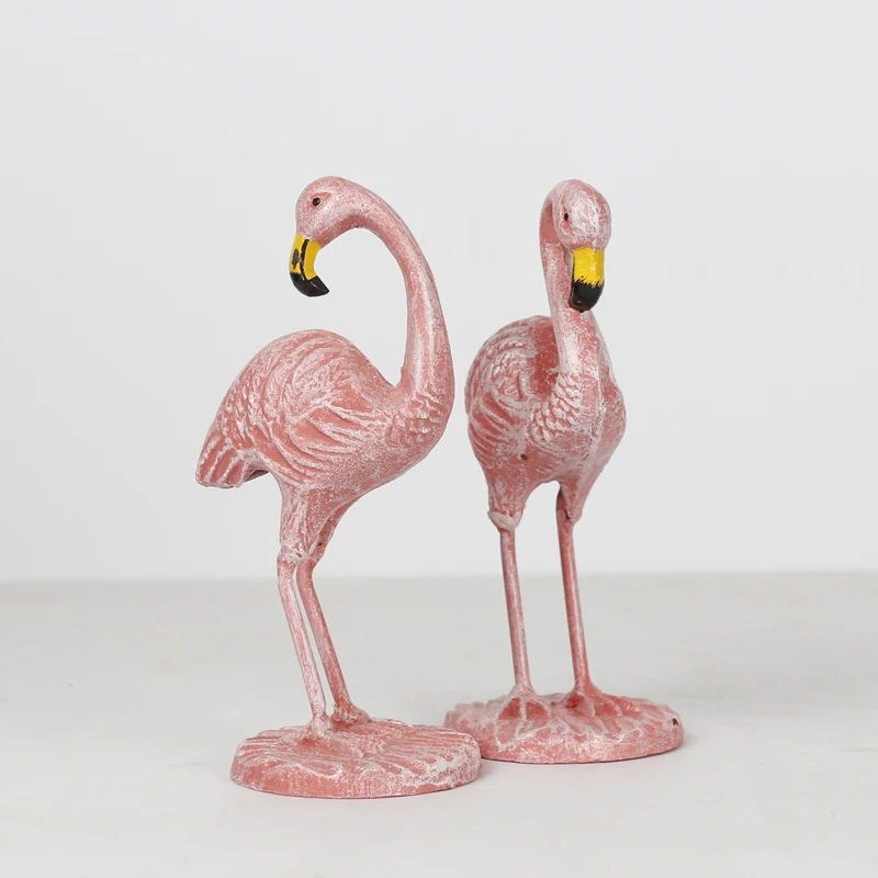 Cast Iron Pink Flamingo Birds Pair Statues 6.5 Inch For Home Indoor Outdoor Garden Tabletop Decor Wrought Iron Standing Flamingo