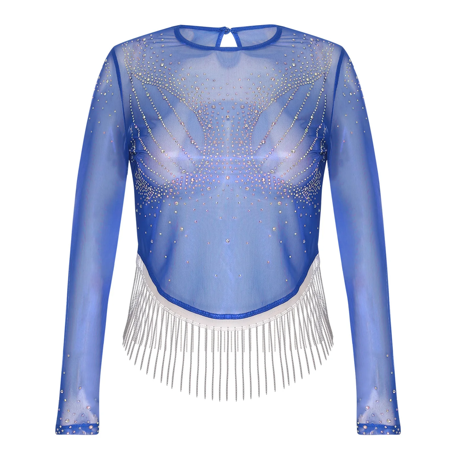 

Womens Stylish Sparkly Rhinestone Sheer Mesh Crop Top Crew Neck Long Sleeve Bottom Tassel Cover Up Shirt Blouse for Club Party