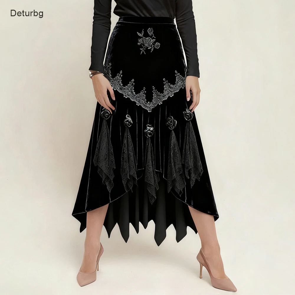 

Осень 2024, готические бархатные юбки для женщин, высокая талия, русалка, ретро-арт, цветочная вышивка, эстетика с привидениями для вечеринки K442