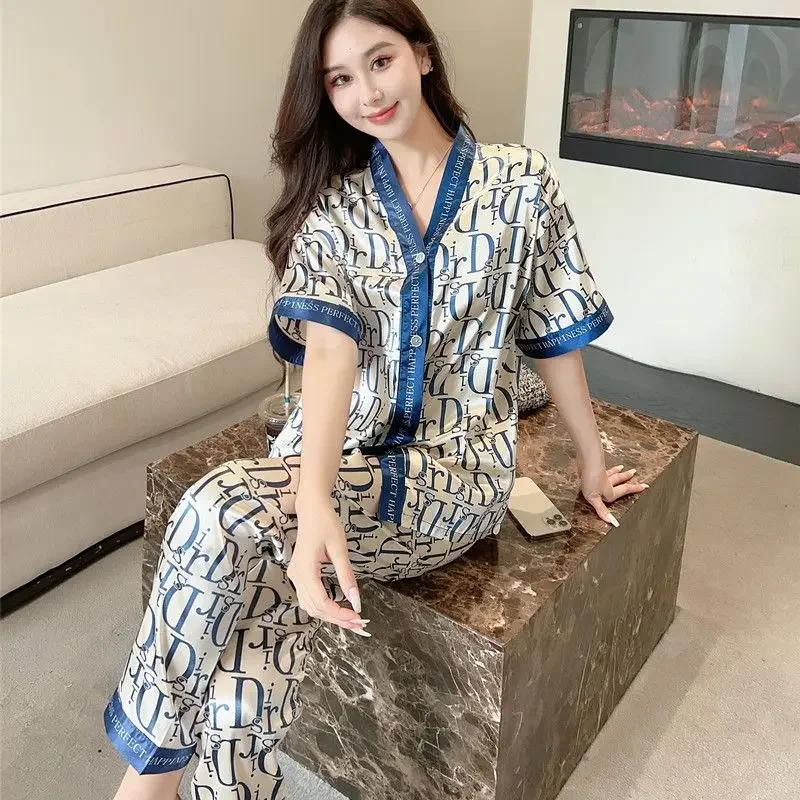 2025 New Pijamas Women Ice Silk Pajamas Women's Summer Short Sleeves and Trousers Sleepwear Fashion Plue Size