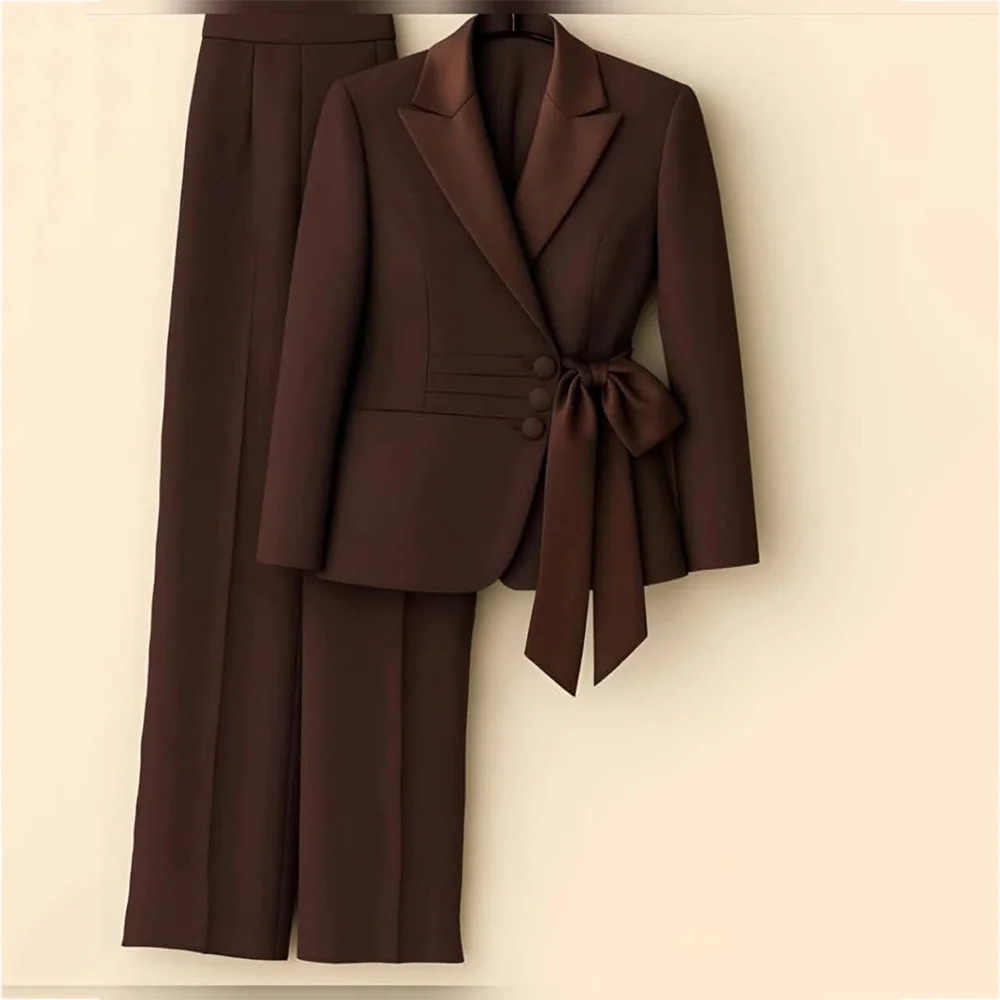 Modern Fashion Women's Suit Set Two Piece with Bow Peaked Lapel Solid Color High Quality Business Casual Outfit Jacket Pants