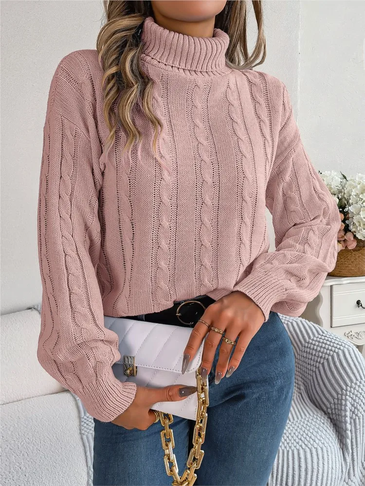 

Casual Long Sleeve Sweater Office Lady Autumn Winter Fashion Elegant Solid Turtleneck Hollow Out Knitted Sweater For Women 2023