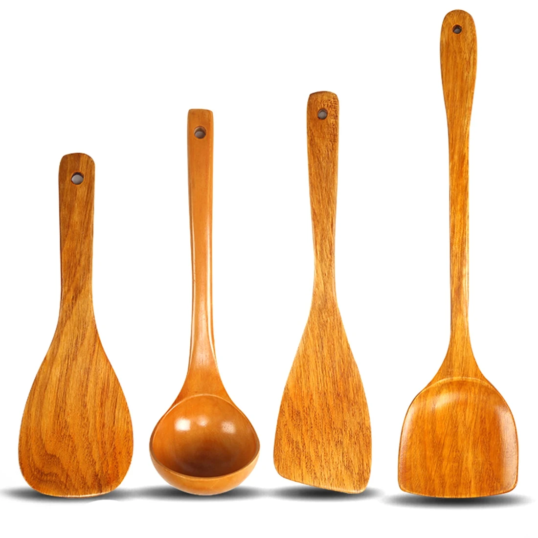 【ELEVATE LIFE】4Pcs Wooden Kitchen Utensils No Paint Non-Stick Pot Solid Wood Shovel Set Pure Teak Solid Wood Long Handle Shovel