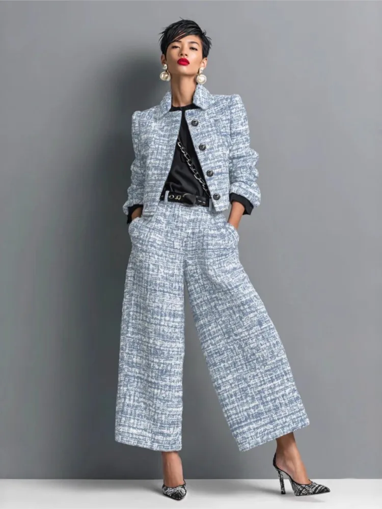 

New Fashion Commuter Women's Suit Casual Solid Color Lapel Cardigan Short Jacket Paired With Loose Wide-leg Pants Two-piece Set