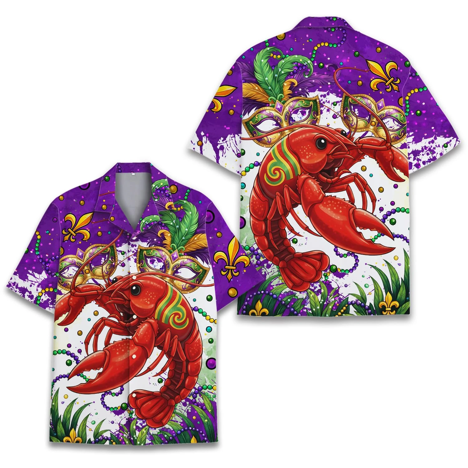 

New Mardi Gras Skull Hawaiian Shirt, Purple Jester Masquerade Costume Top, Carnival Party Beads & Skeleton Shirt Lobster Tops