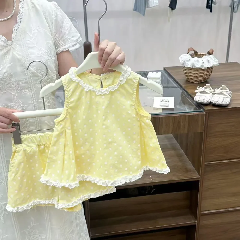 Korean Version Polka Dot Printed Yellow Kids Clothes Girls Summer White Lace Patchwork Sleeveless Top and Shorts Girl Outfits