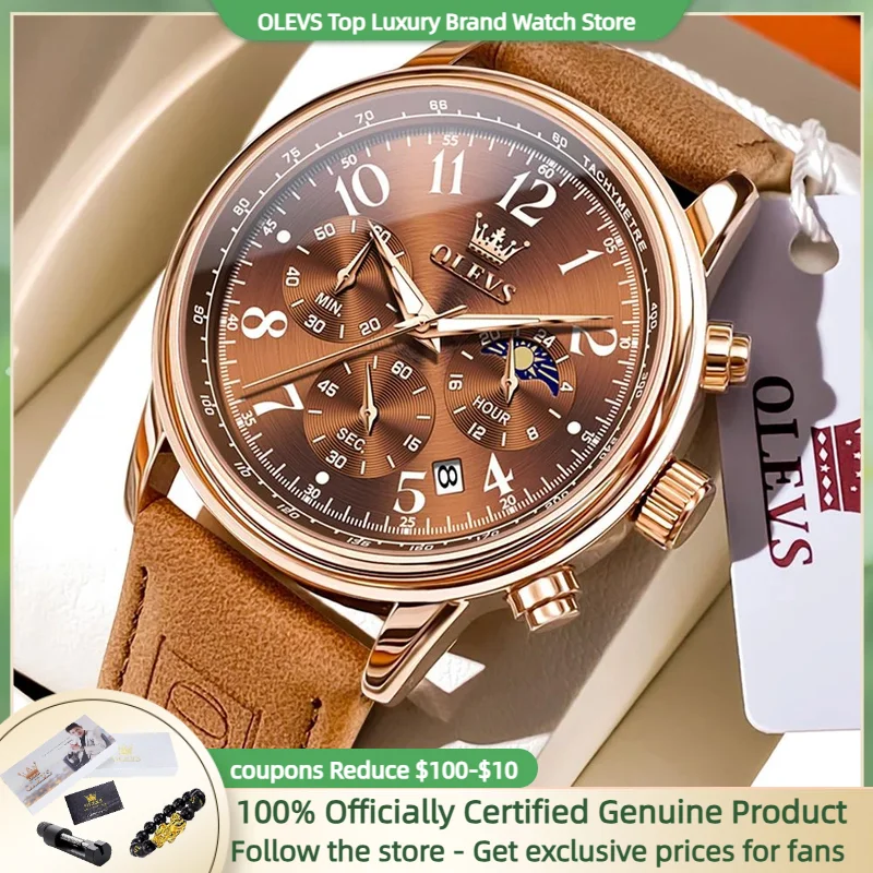 OLEVS Casual Fashion Men's Watches Big Number Dial Multifunctional Chronograph Original Watch for Man Moonphase Leather Strap