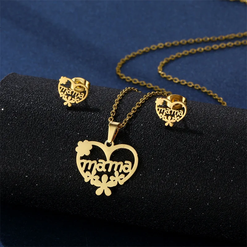 Stainless Steel Gold Color MAMA Letter Charm Necklace Earrings Set Love Heart Mom Daughter Figure Jewelry Set Mother's Day Gift