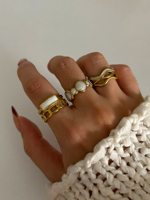 Peri'sbox Vintage Stainless Steel White Enamel Open Rings for Women 18K Gold Plated Adjustable Finger Ring Wedding Chic Jewelry