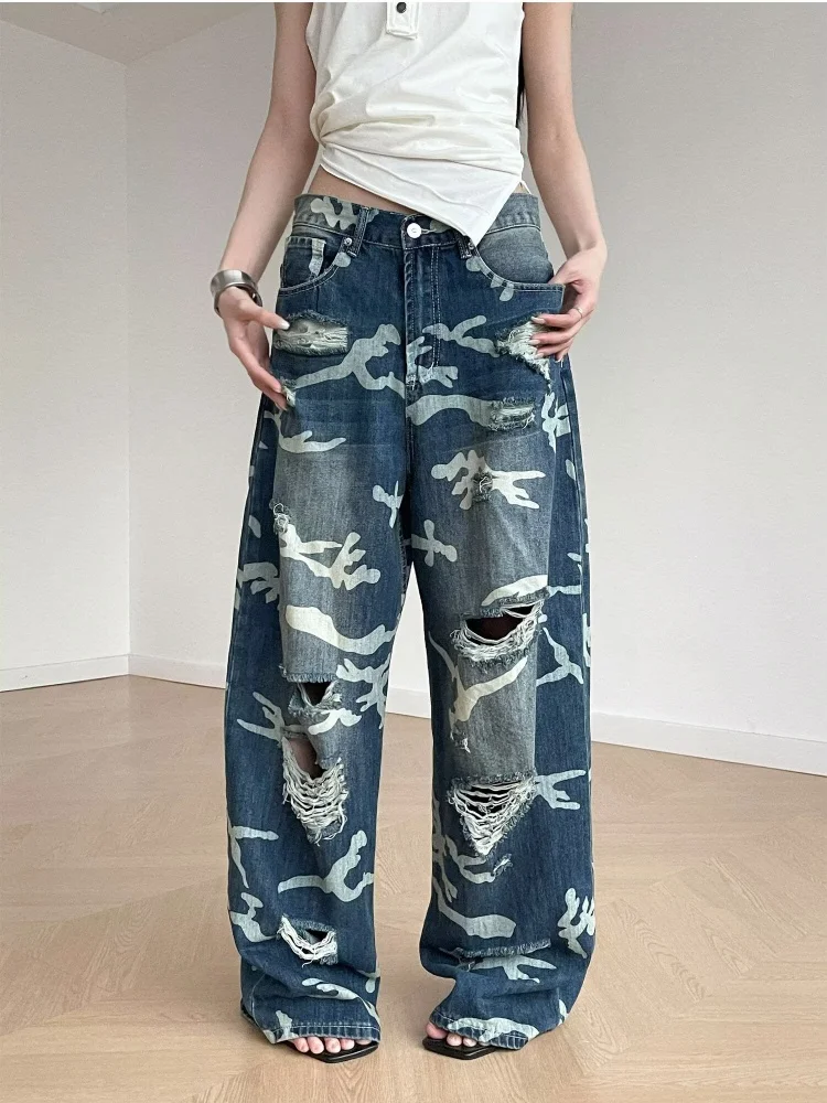 2026 Cyber Y2K Streetwear Vintage Blue Baggy Women's Ripped Jeans Pants For Woman Clothing Straight Loose Gothic Denim Trousers