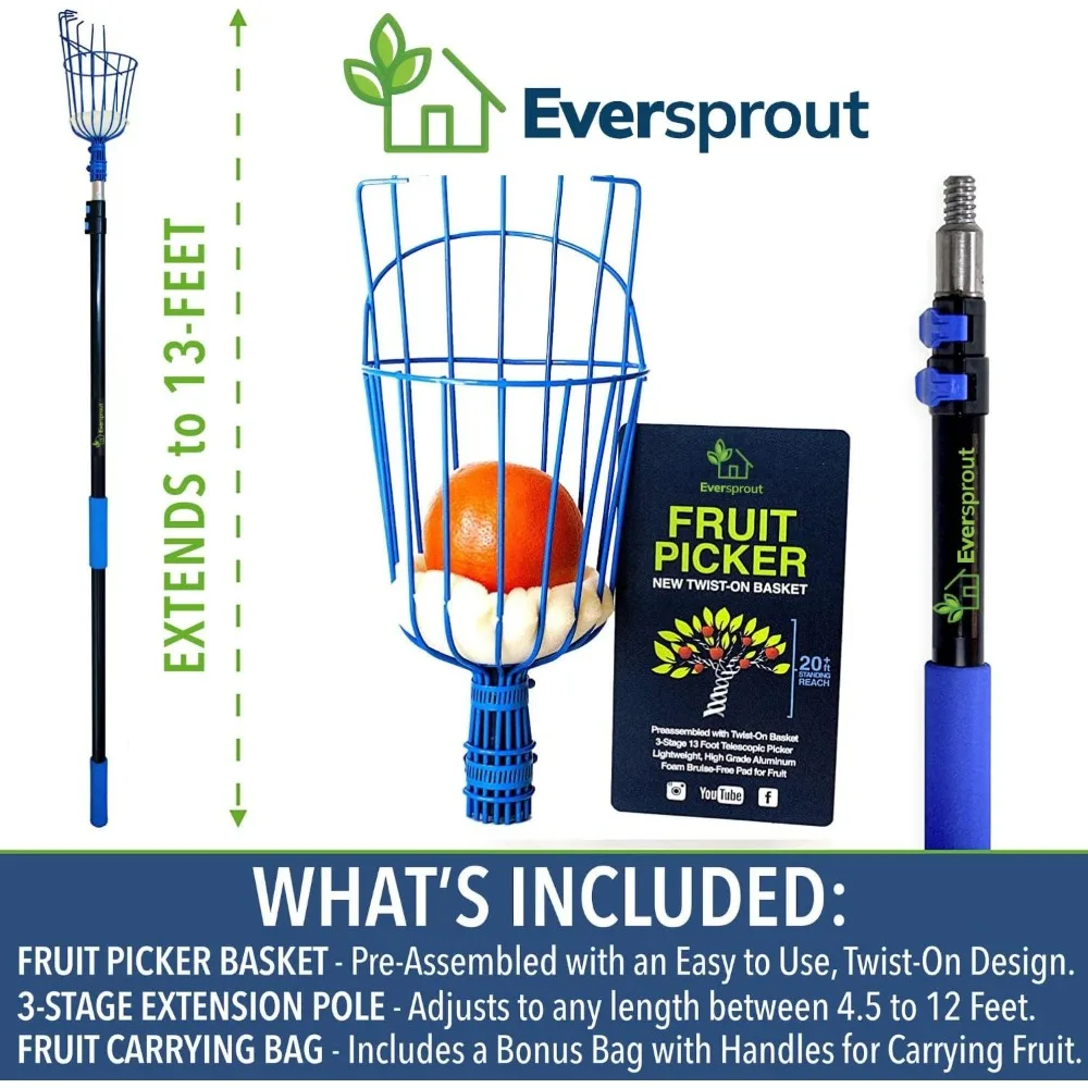 12-Foot Fruit Picker (20+ Foot Reach) | Telescoping Fruit Picker Pole, Easy to Attach Twist-On Apple Basket | Lightweight