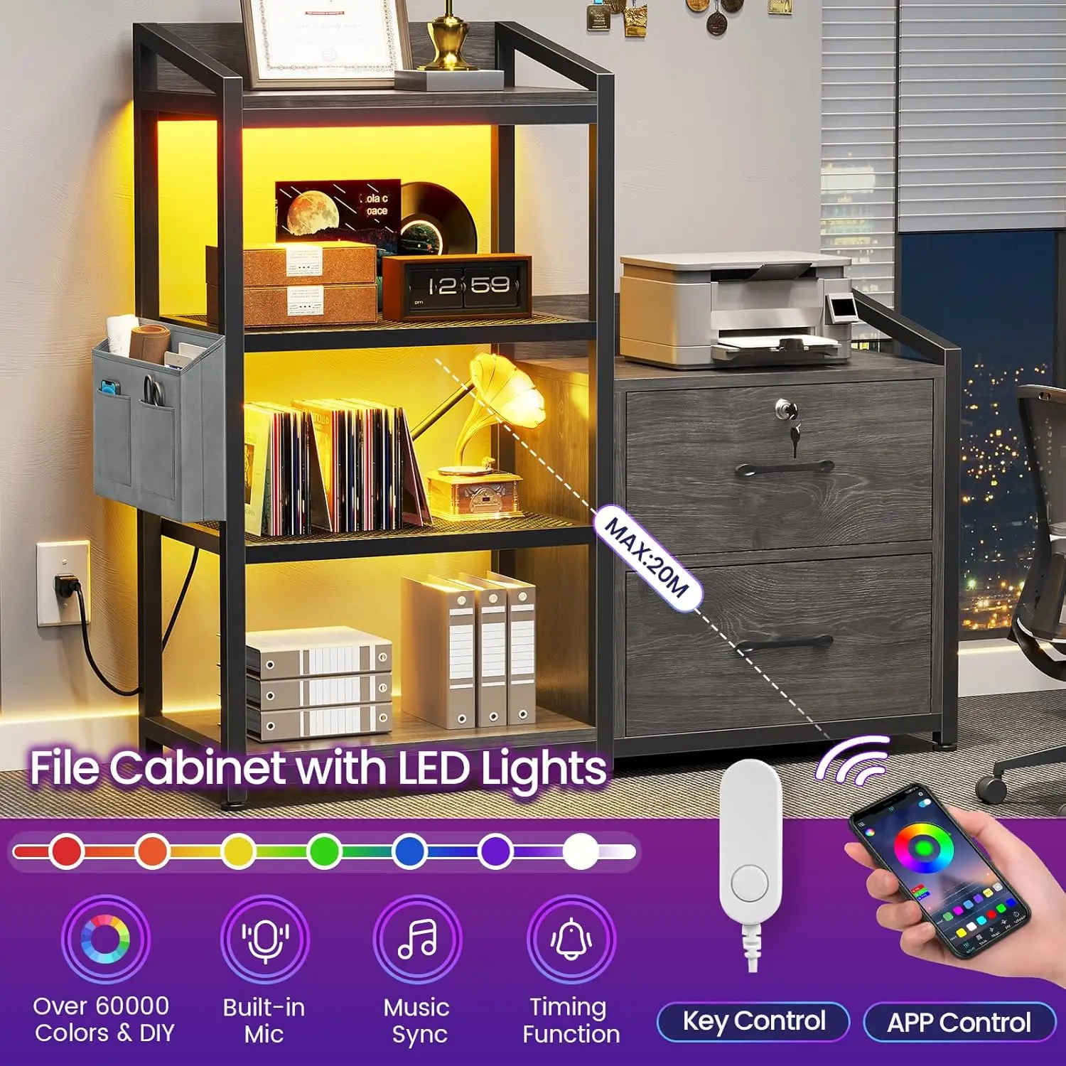 2-Drawer File Cabinet, Letter Legal A4, Lock, Power Strip, LED Lights, Grey