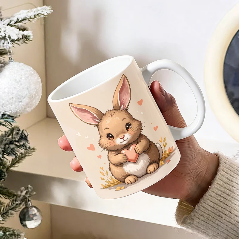 

Plush Cartoon Bunny Pink Heart Ceramic Mug with Handle, Creative Coffee Mug, Insulated Milk Cup, Office Tea Cup, Fade-Resistant